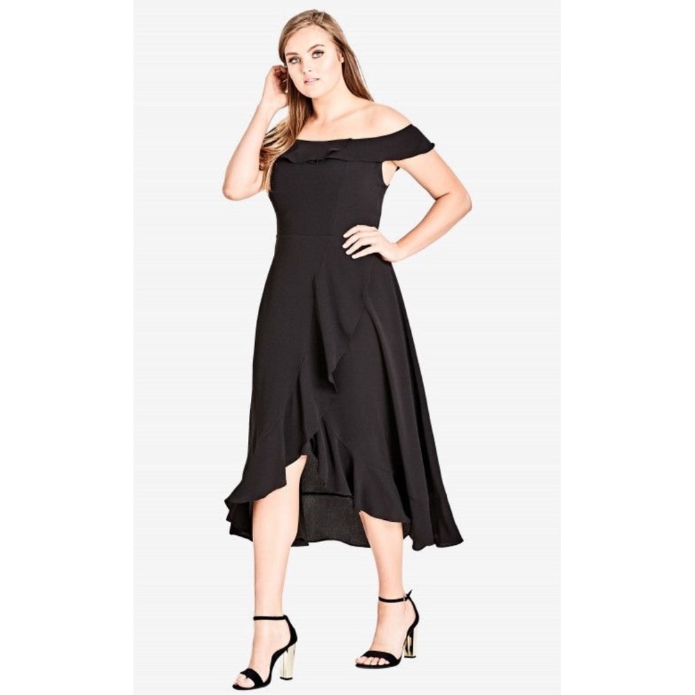 City Chic Wrap Ruffle Off the Shoulder High-Low Dress in Black